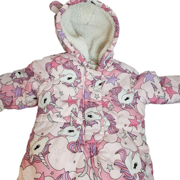 The Childrens Place Girls Unicorn Snowsuit Size 9-12 Month Fleece Lining & Hood - Picture 3 of 7